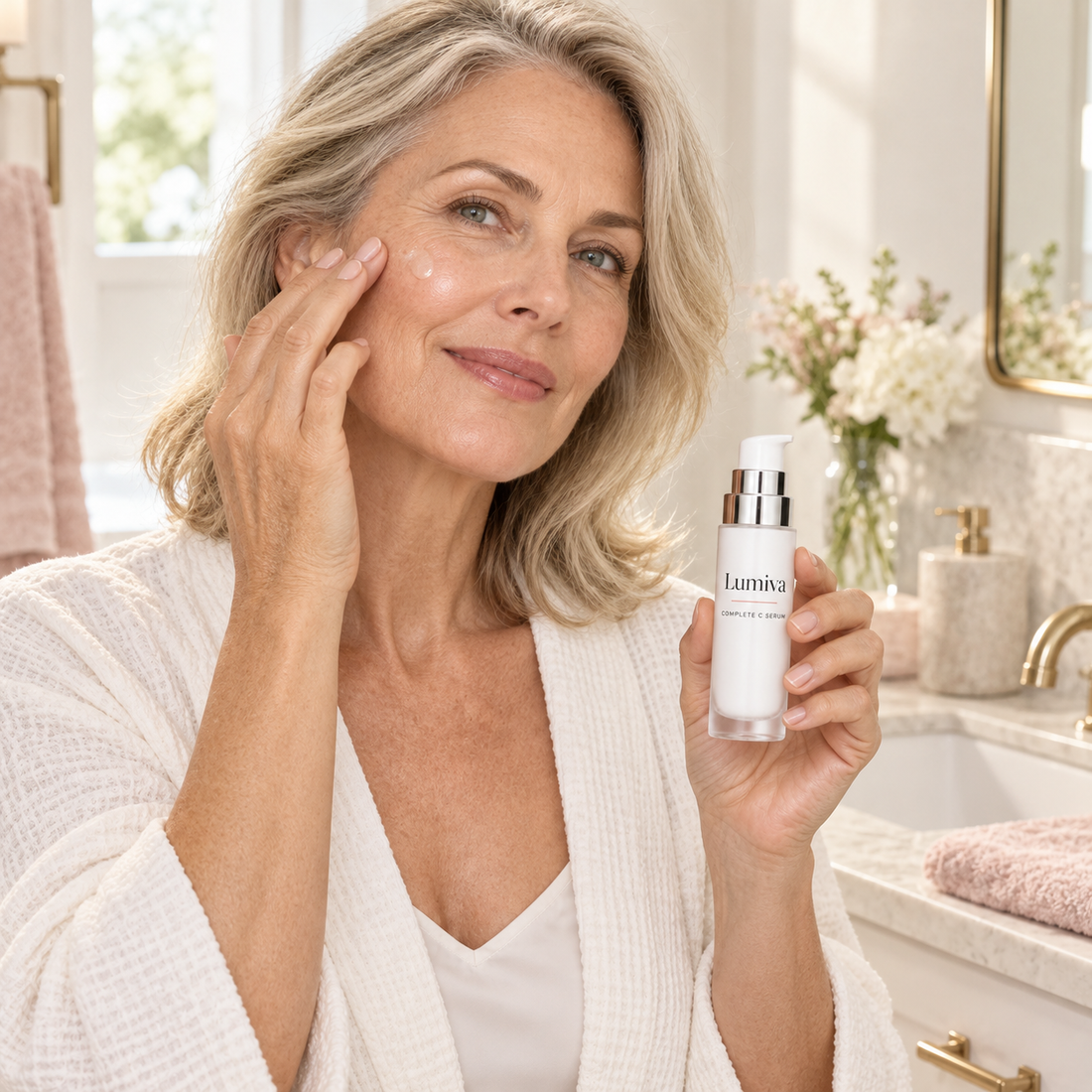Mature woman applying Lumiva Complete C Serum