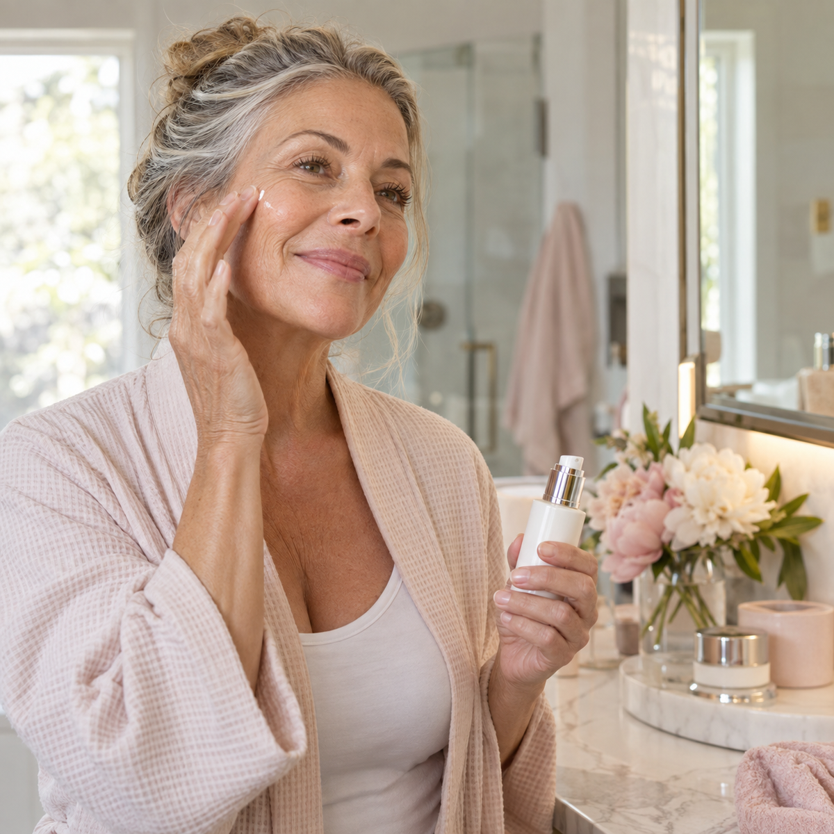 Mature woman applying Lumiva Complete C Serum