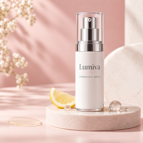 Lumiva Complete C Serum with blush pink and lemon styling